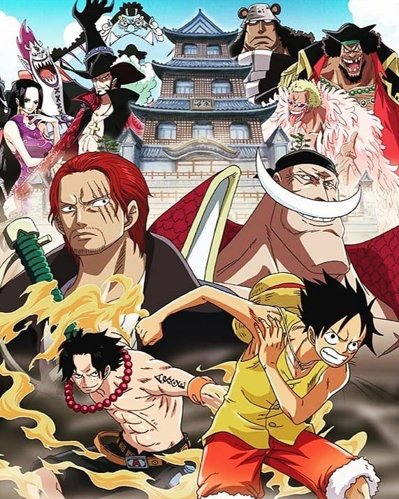 One Piece, featuring Luffy and none of the gang, now with his brother Ace, and there are all these big dudes in the background.